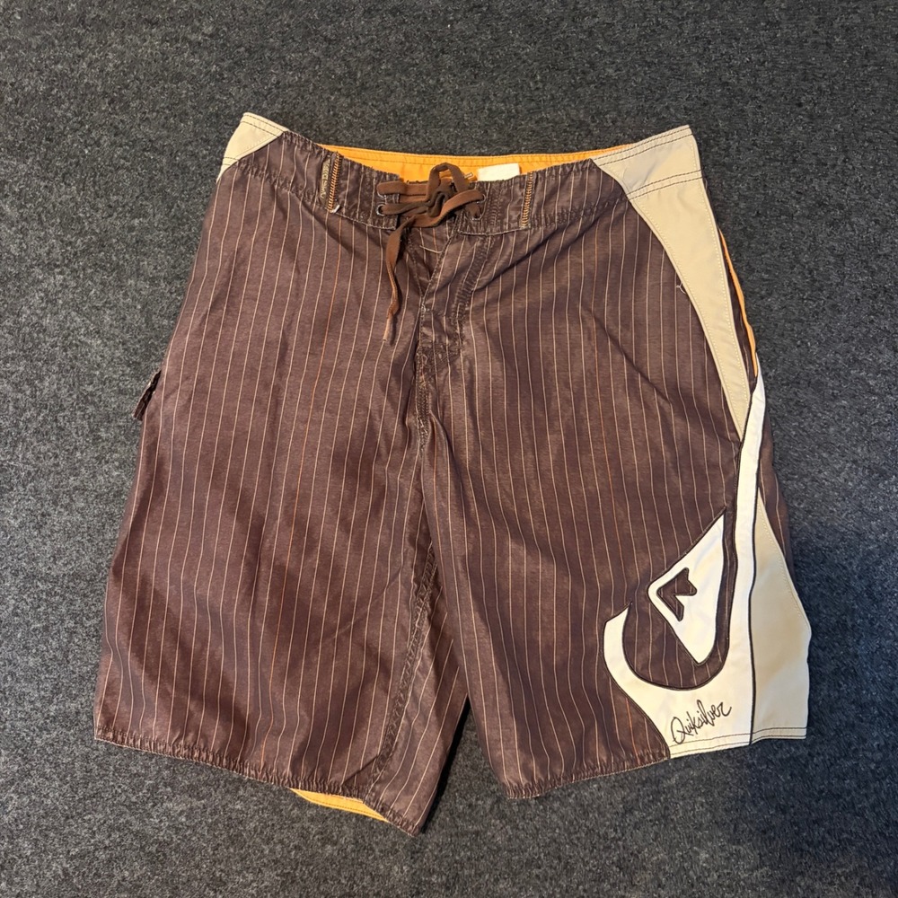 Quiksilver Mens Brown Orange Pinstripe Board Shorts Swim Trunks Size 32 Y2K